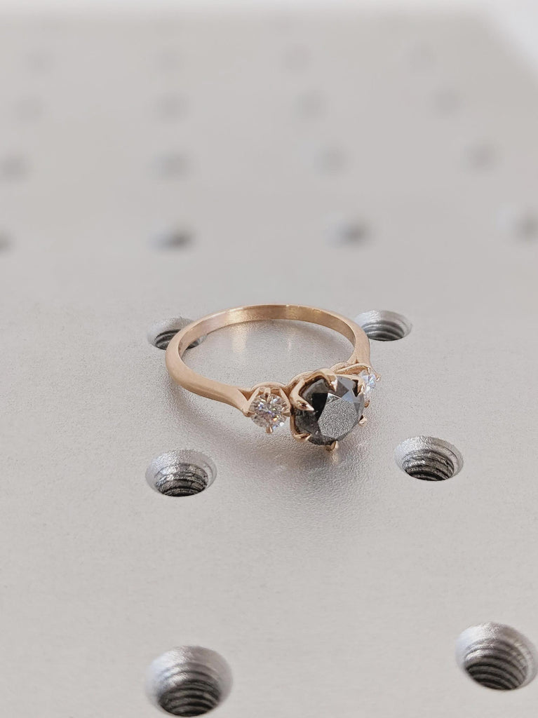 Vintage Art Deco Raw Round Salt and Pepper Diamond Engagement Ring, Unique 14K Rose Gold Black Diamond Wedding Ring, Promise Ring For Her