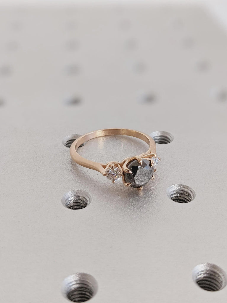 Unique 14K Solid Rose Gold Salt and Pepper 3-Stone White Diamond Ring, Vintage Claw Prong Salt & Pepper Wedding Ring, Christmas Gift for Her