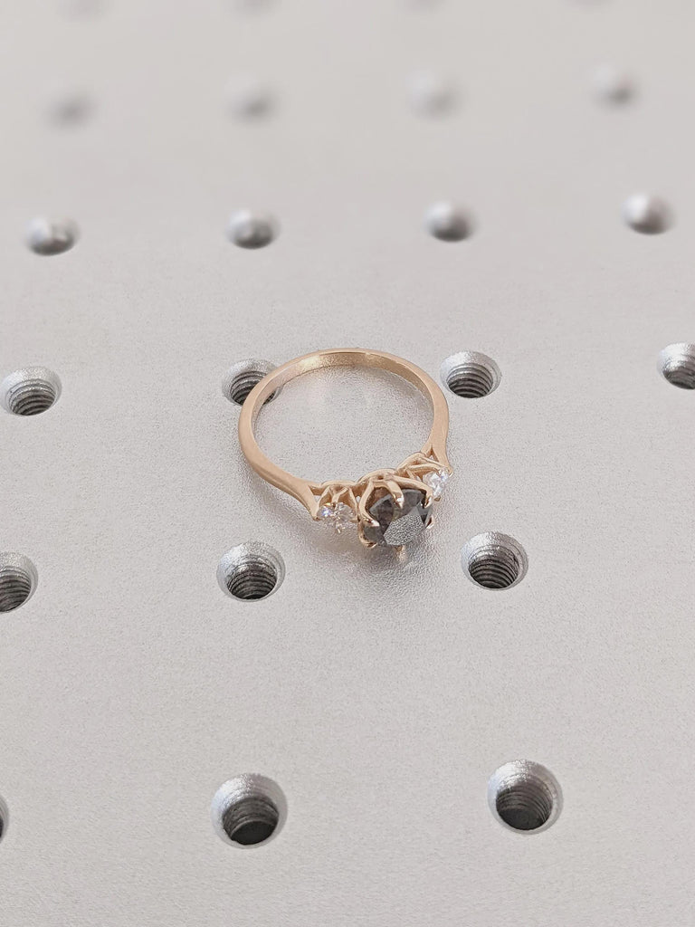 Vintage Art Deco Raw Round Salt and Pepper Diamond Engagement Ring, Unique 14K Rose Gold Black Diamond Wedding Ring, Promise Ring For Her