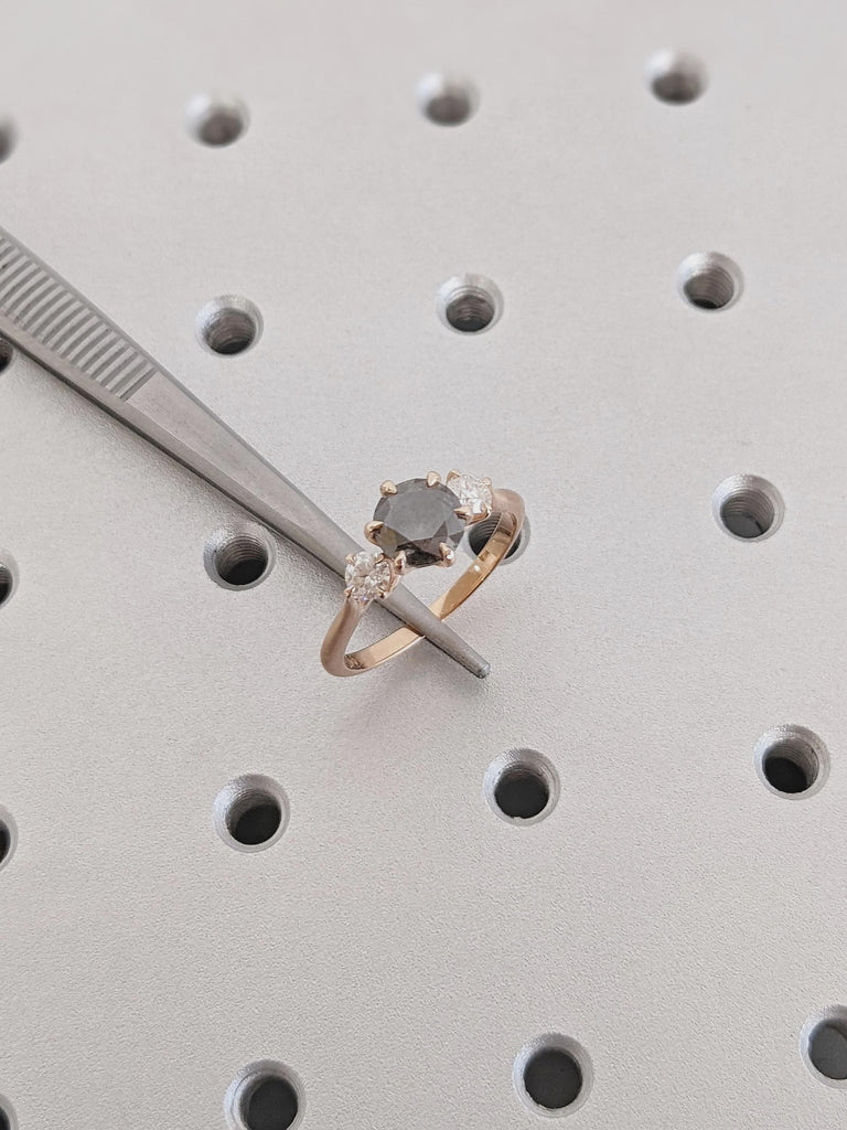 Vintage Art Deco Raw Round Salt and Pepper Diamond Engagement Ring, Unique 14K Rose Gold Black Diamond Wedding Ring, Promise Ring For Her