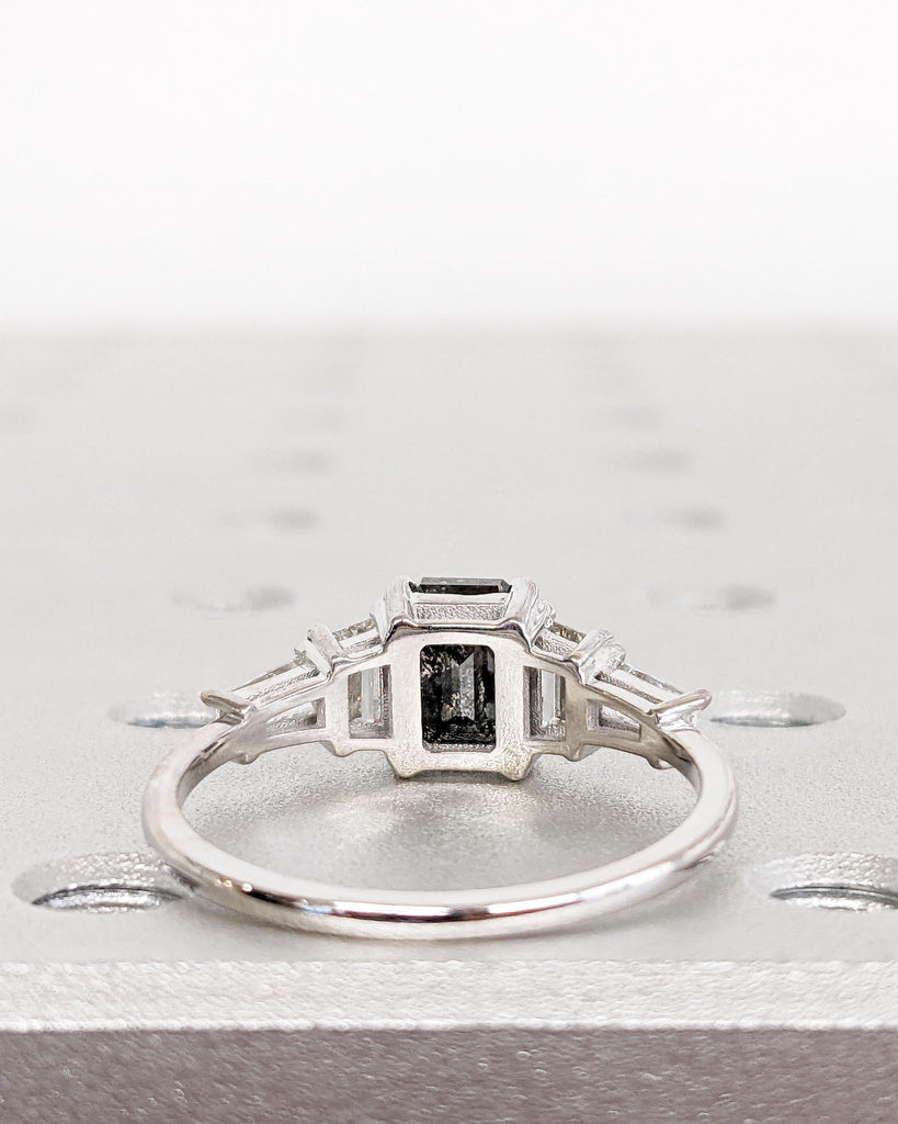 Five Stone Emerald Cut Salt and Pepper Diamond Engagement Ring, Side Trapezoid & Tapered Baguette Ring, Unique Art Deco Promise Ring for Her