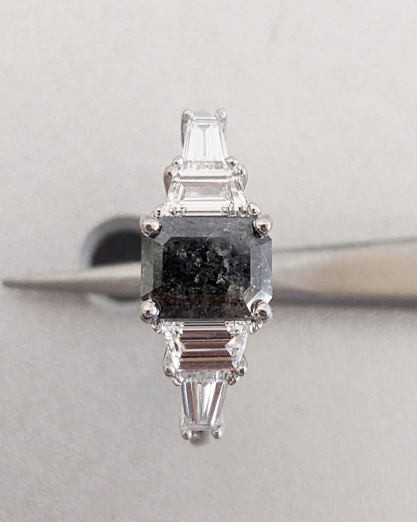 Unique Emerald cut Black Diamond Engagement Ring | 1ct, 2 Carat Raw Salt and Pepper Diamond Ring | Promise Ring for Her | 14k 18k Gold Ring