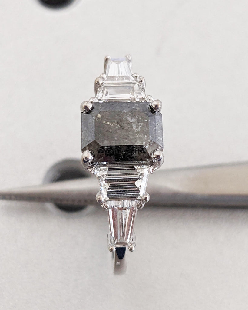 Unique Emerald cut Black Diamond Engagement Ring | 1ct, 2 Carat Raw Salt and Pepper Diamond Ring | Promise Ring for Her | 14k 18k Gold Ring