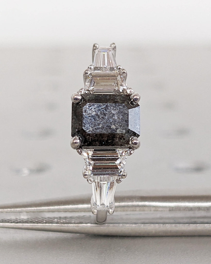 Unique Emerald cut Black Diamond Engagement Ring | 1ct, 2 Carat Raw Salt and Pepper Diamond Ring | Promise Ring for Her | 14k 18k Gold Ring