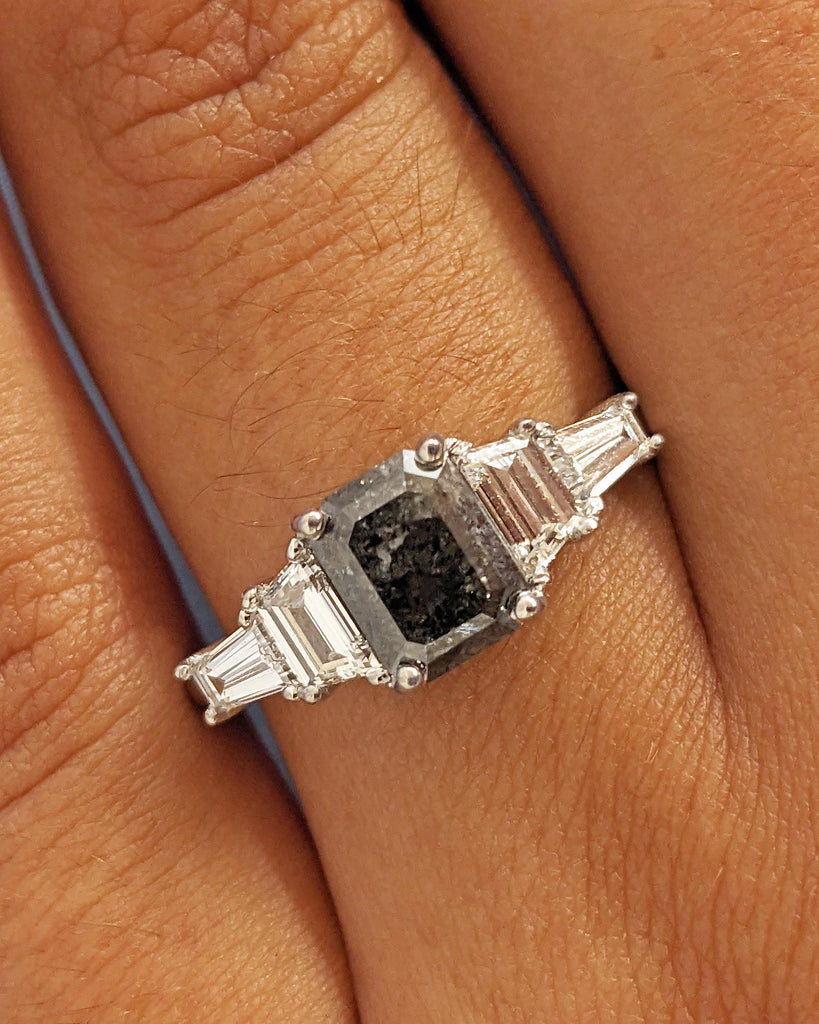 Unique Emerald cut Black Diamond Engagement Ring | 1ct, 2 Carat Raw Salt and Pepper Diamond Ring | Promise Ring for Her | 14k 18k Gold Ring