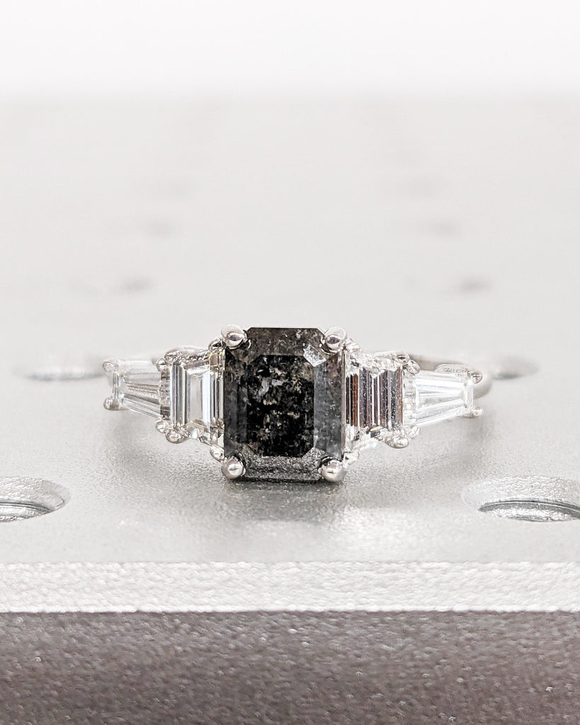 Unique Emerald cut Black Diamond Engagement Ring | 1ct, 2 Carat Raw Salt and Pepper Diamond Ring | Promise Ring for Her | 14k 18k Gold Ring