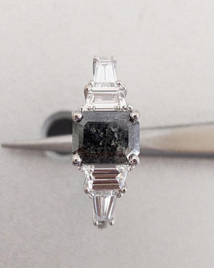 Five Stone Emerald Cut Salt and Pepper Diamond Engagement Ring, Side Trapezoid & Tapered Baguette Ring, Unique Art Deco Promise Ring for Her