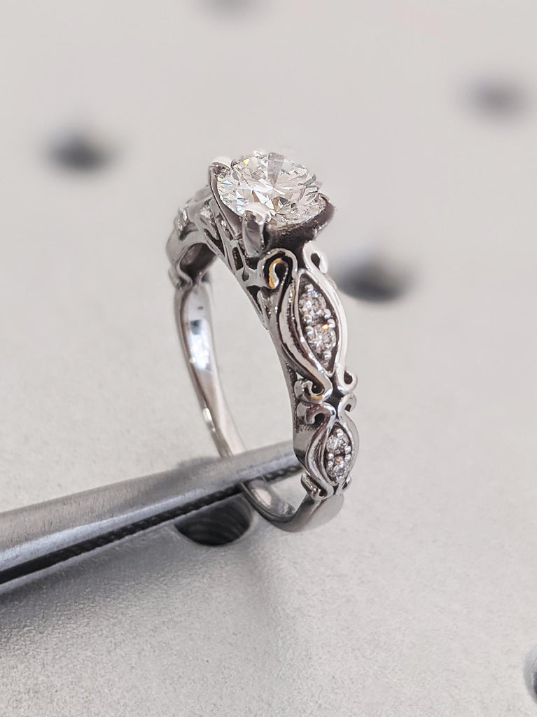 Antique Round Moissanite Engagement Ring, Vintage 14K Solid White Filigree Moissanite Wedding Band, Art Nouveau Heirloom Ring, Romantic Gift