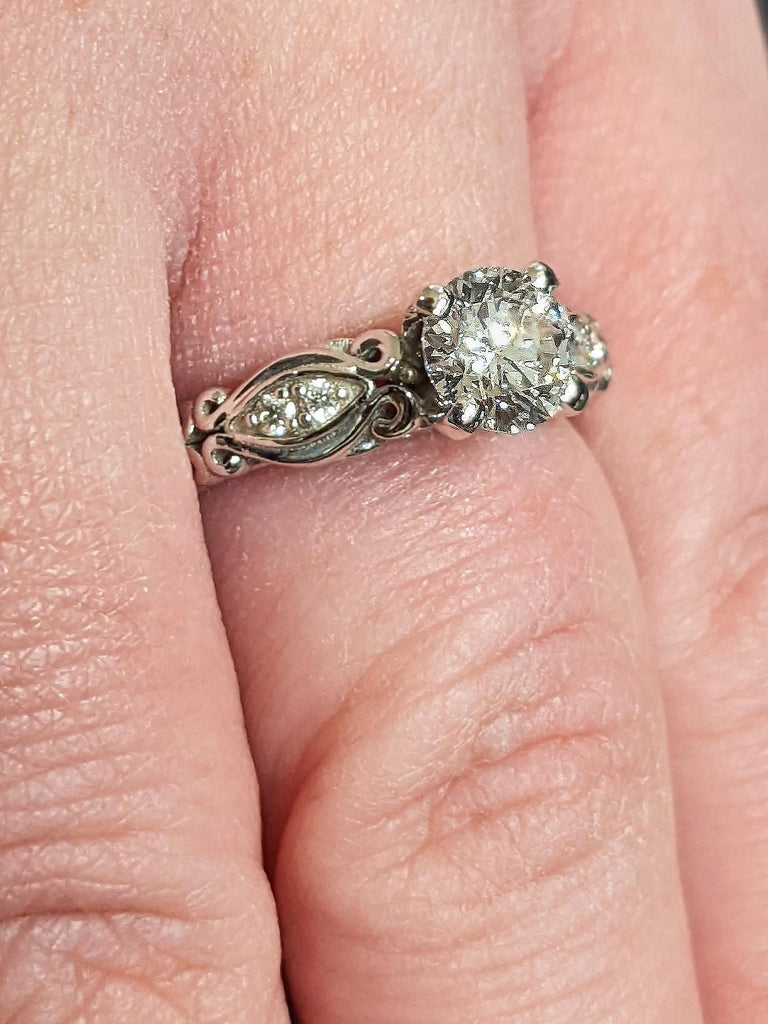 Antique Round Moissanite Engagement Ring, Vintage 14K Solid White Filigree Moissanite Wedding Band, Art Nouveau Heirloom Ring, Romantic Gift