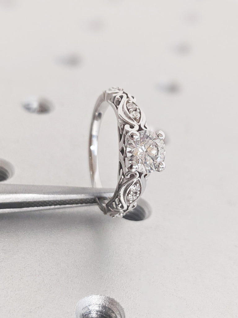 Classic 14K Solid White Gold Art Deco Moissanite Engagement Ring, Round Vintage Filigree Moissanite Wedding Ring, Antique Heirloom Jewelry
