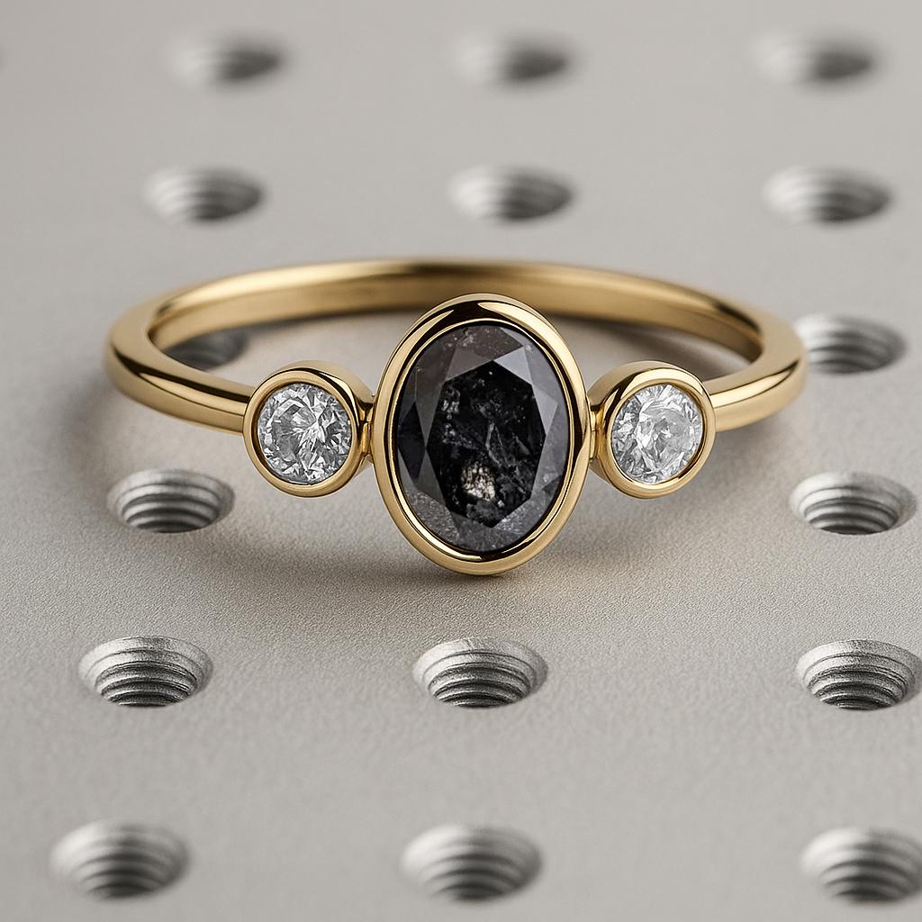Oval Cut Salt and Pepper Diamond Engagement Ring, Vintage Bezel Set Diamond Ring, Dainty Engagement Ring, 14K Solid Gold Three Stone Ring