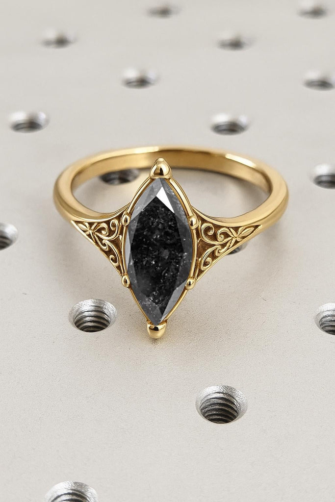 Vintage Filigree Marquise cut Black Diamond Engagement Ring | Salt and Pepper Diamond Art Deco Yellow Gold Wedding Ring For Women | Anniversary Gift for Wife