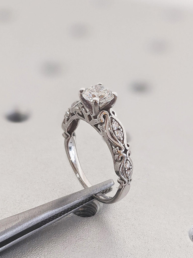 Antique Round Moissanite Engagement Ring, Vintage 14K Solid White Filigree Moissanite Wedding Band, Art Nouveau Heirloom Ring, Romantic Gift