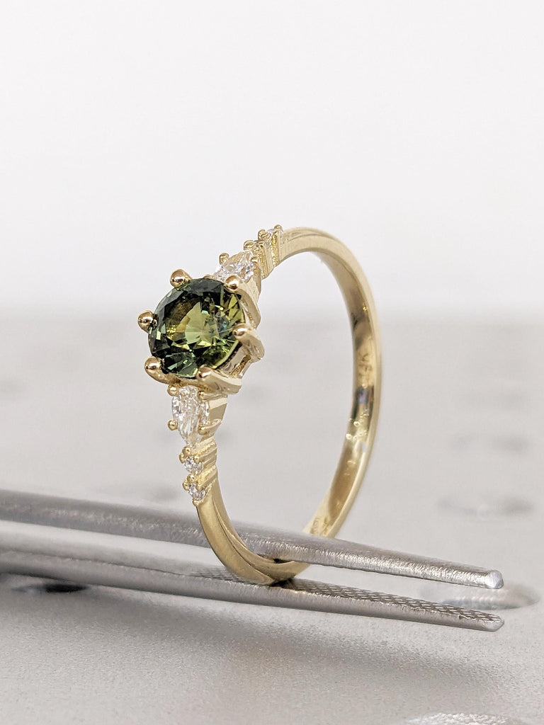 Round Cut Teal Sapphire Engagement Ring, 14k Yellow Gold Montana Sapphire Wedding Ring, Pear Round Diamond Cluster Ring, Anniversary Ring