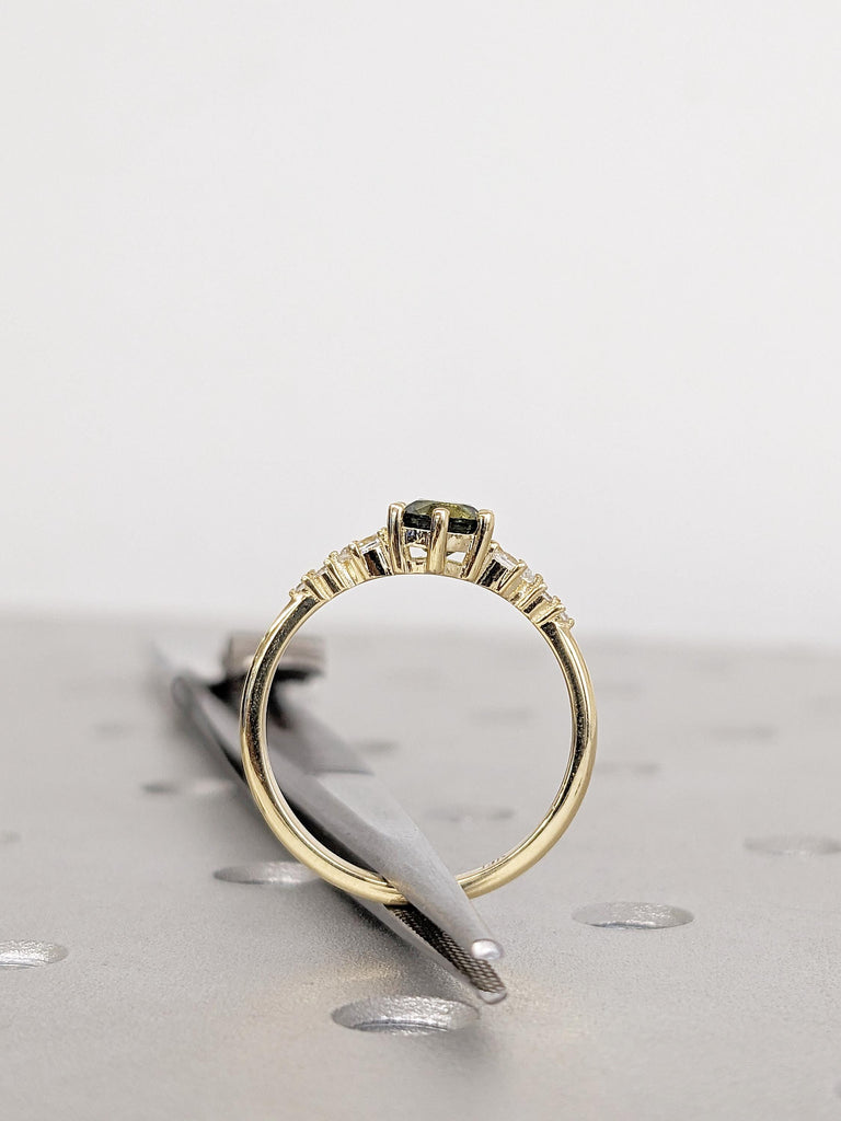 Round Cut Teal Sapphire Engagement Ring, 14k Yellow Gold Montana Sapphire Wedding Ring, Pear Round Diamond Cluster Ring, Anniversary Ring
