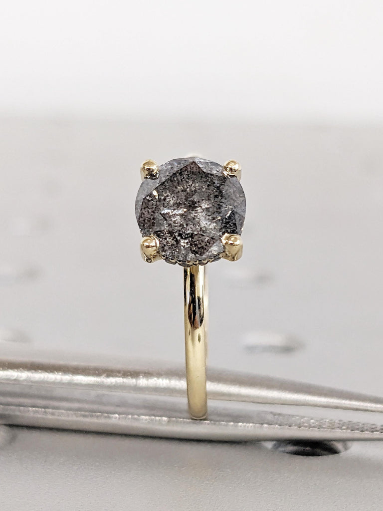 Hidden Halo Engagement Ring, Art Deco Salt and Pepper Diamond Ring, 14k Gold Ring, Handmade Ring for Women, Gift for Her, Vintage Style Ring