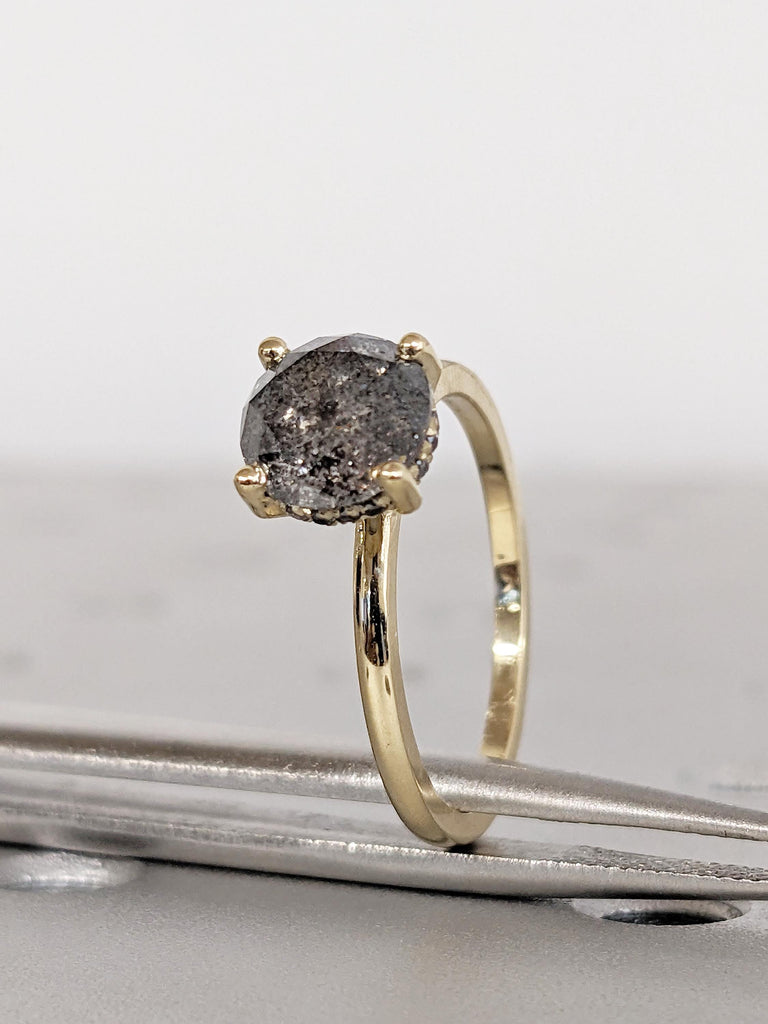 Hidden Halo Engagement Ring, Art Deco Salt and Pepper Diamond Ring, 14k Gold Ring, Handmade Ring for Women, Gift for Her, Vintage Style Ring