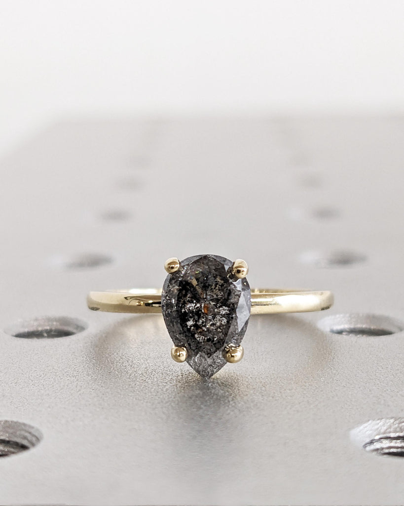 1920's Raw Salt and Pepper Diamond Rose Cut Pear Diamond Ring | Unique Engagement Rings | Black, Gray Pear | 14k Yellow, Rose or White Gold