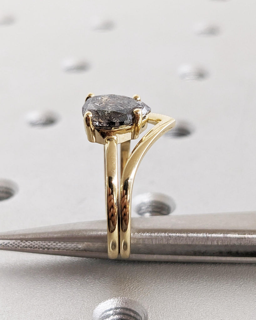 1920's Raw Salt and Pepper Diamond Rose Cut Pear Diamond Ring | Unique Engagement Rings | Black, Gray Pear | 14k Yellow, Rose or White Gold