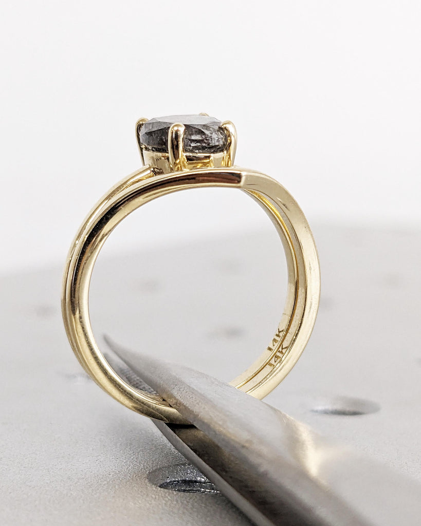 1920's Raw Salt and Pepper Diamond Rose Cut Pear Diamond Ring | Unique Engagement Rings | Black, Gray Pear | 14k Yellow, Rose or White Gold