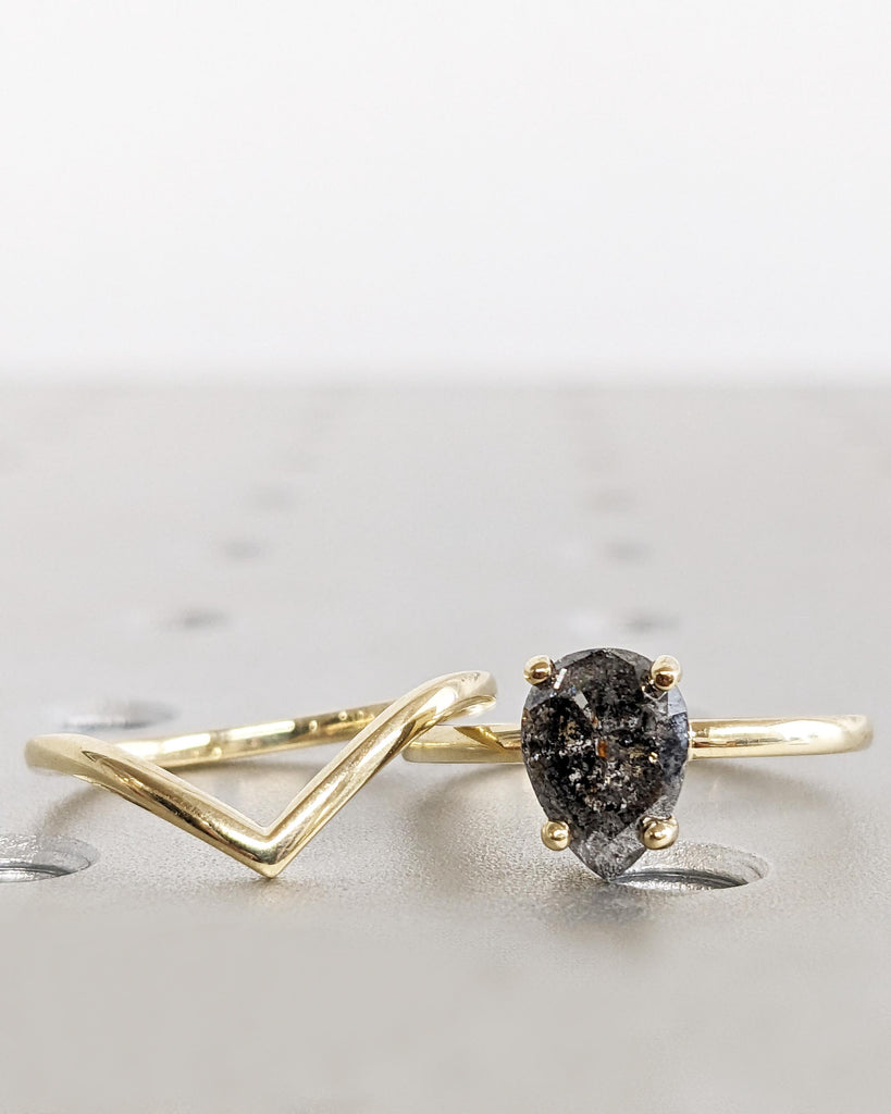 1920's Raw Salt and Pepper Diamond Rose Cut Pear Diamond Ring | Unique Engagement Rings | Black, Gray Pear | 14k Yellow, Rose or White Gold