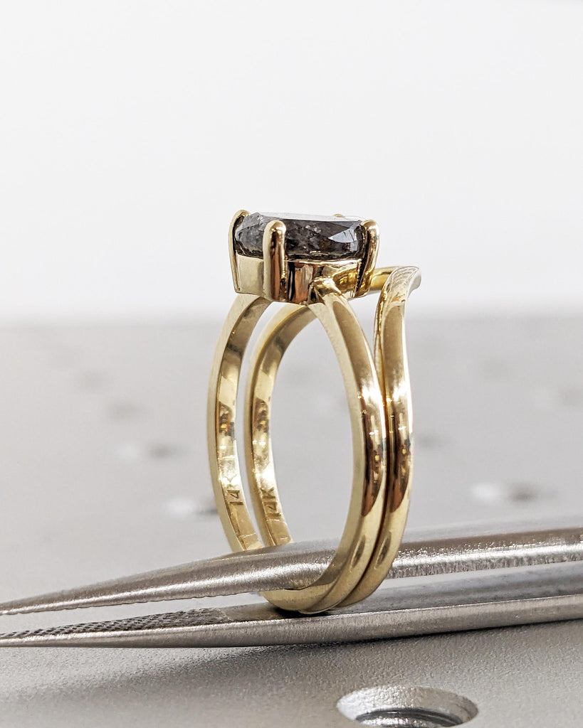 1920's Raw Salt and Pepper Diamond Rose Cut Pear Diamond Ring | Unique Engagement Rings | Black, Gray Pear | 14k Yellow, Rose or White Gold