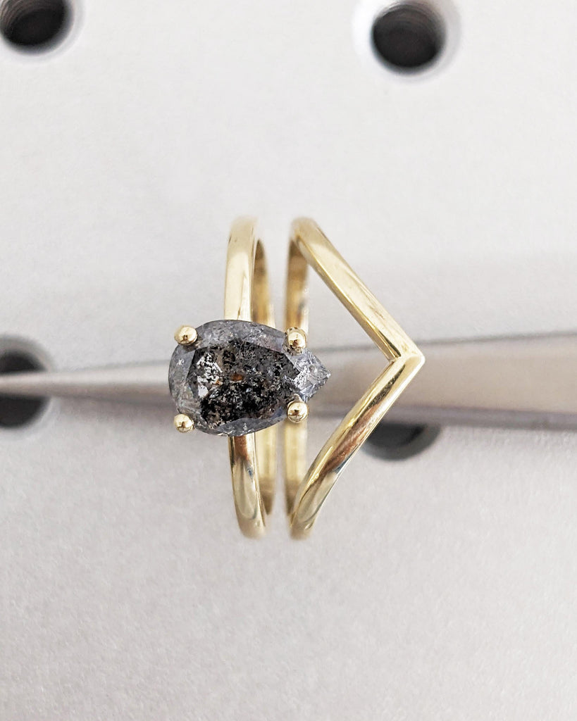 1920's Raw Salt and Pepper Diamond Rose Cut Pear Diamond Ring | Unique Engagement Rings | Black, Gray Pear | 14k Yellow, Rose or White Gold
