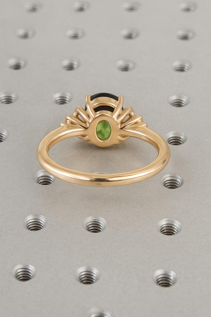 Oval Deep Green and Teal Sapphire and Diamond Cluster Ring in 14k Yellow Gold