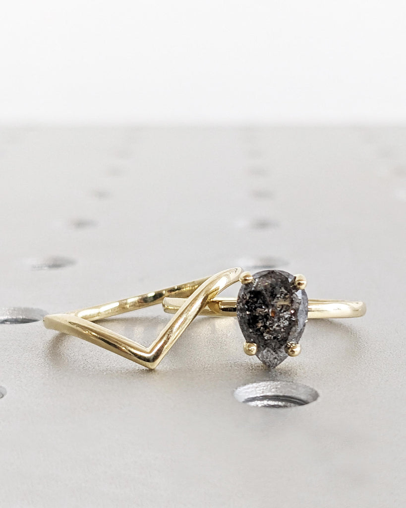 1920's Raw Salt and Pepper Diamond Rose Cut Pear Diamond Ring | Unique Engagement Rings | Black, Gray Pear | 14k Yellow, Rose or White Gold