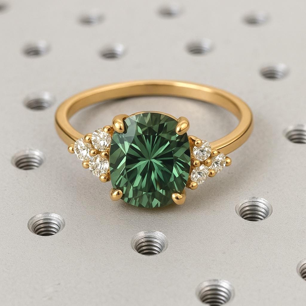 Vintage 2ct Oval Natural Peacock Sapphire Engagement Ring | 14k Yellow Gold Teal Sapphire Wedding Ring | Diamond Cluster Promise Ring For Her