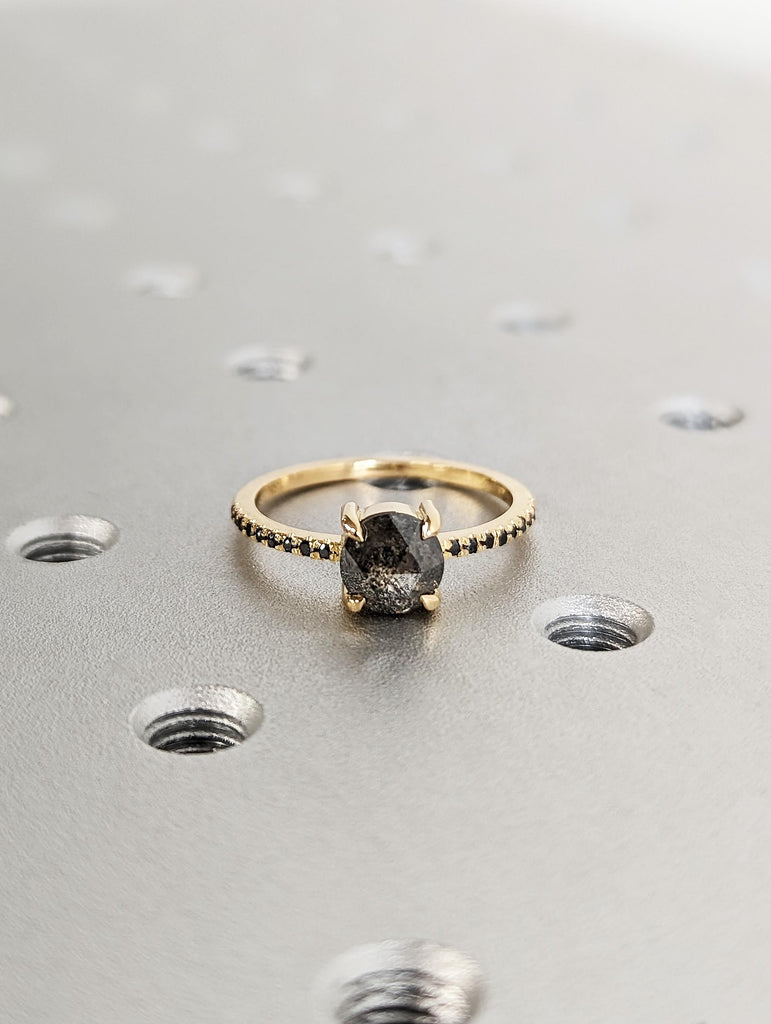 Vintage Round Cut Rose Salt & Pepper Diamond Engagement Ring, Thin 18K Yellow Gold Black Diamond Pavé Band, Claw Prong Diamond Promise Ring