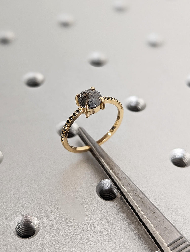 Vintage Round Cut Rose Salt & Pepper Diamond Engagement Ring, Thin 18K Yellow Gold Black Diamond Pavé Band, Claw Prong Diamond Promise Ring