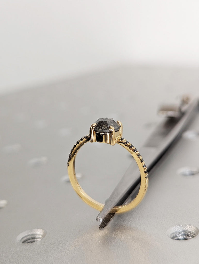 Vintage Round Cut Rose Salt & Pepper Diamond Engagement Ring, Thin 18K Yellow Gold Black Diamond Pavé Band, Claw Prong Diamond Promise Ring