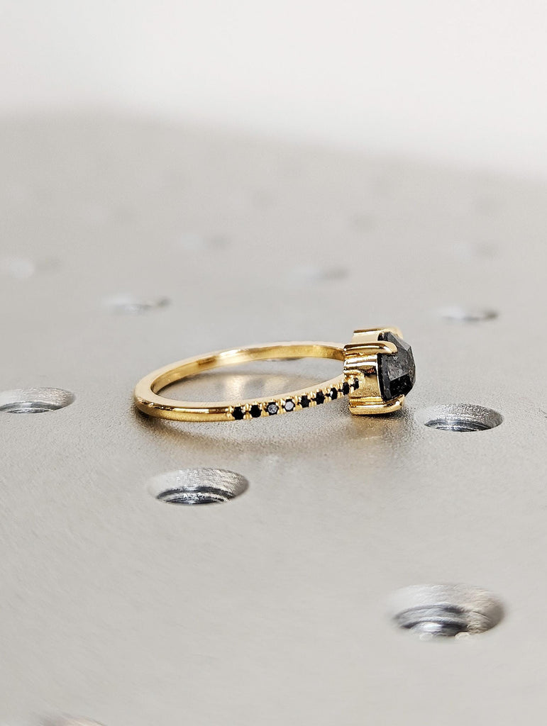 Vintage Round Cut Rose Salt & Pepper Diamond Engagement Ring, Thin 18K Yellow Gold Black Diamond Pavé Band, Claw Prong Diamond Promise Ring