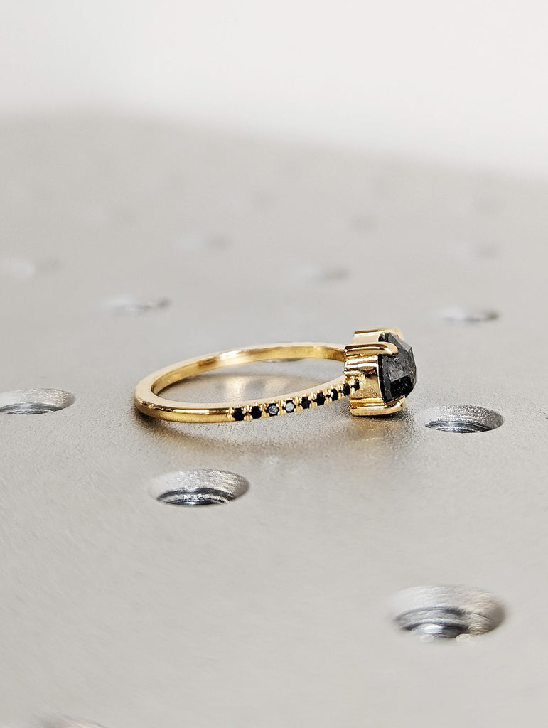 Dainty 18K Solid Yellow Gold Raw Salt & Pepper Diamond Bridal Engagement Ring, Round Black Diamond Pavé Wedding Band, Galaxy Promise Ring