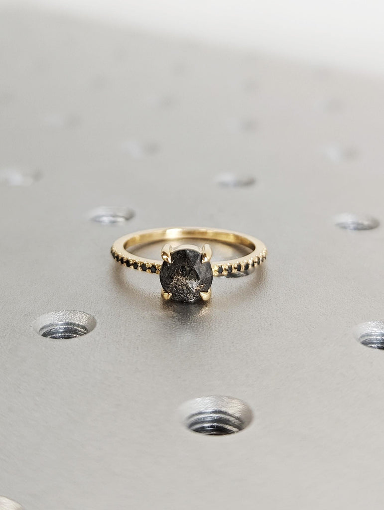 Vintage Round Cut Rose Salt & Pepper Diamond Engagement Ring, Thin 18K Yellow Gold Black Diamond Pavé Band, Claw Prong Diamond Promise Ring