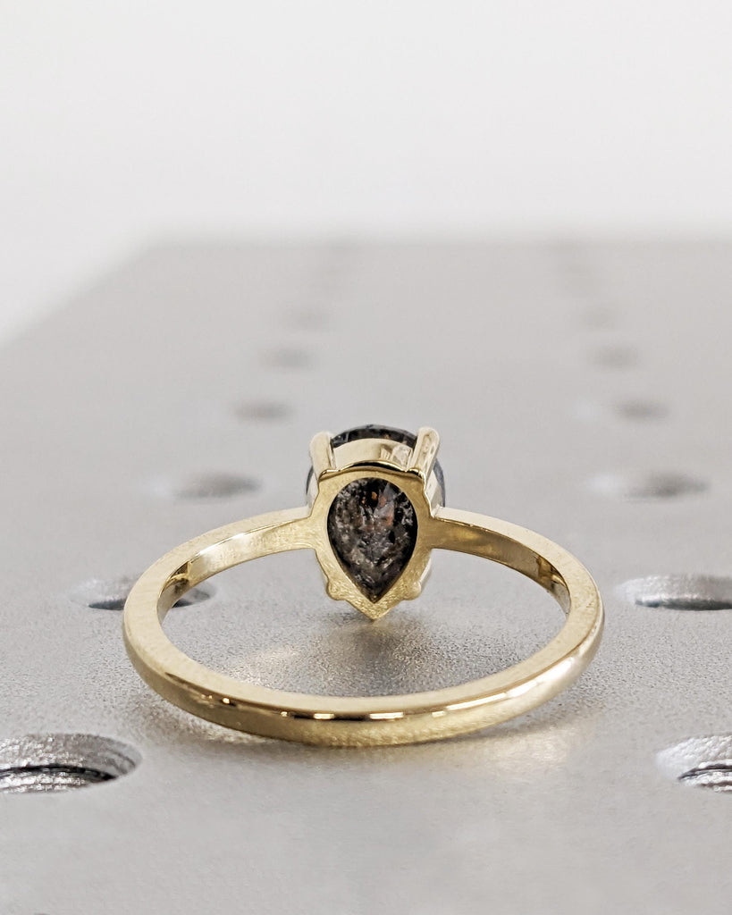 1920's Raw Salt and Pepper Diamond Rose Cut Pear Diamond Ring | Unique Engagement Ring | Galaxy Black Gray Pear 14k Yellow, Rose, White Gold