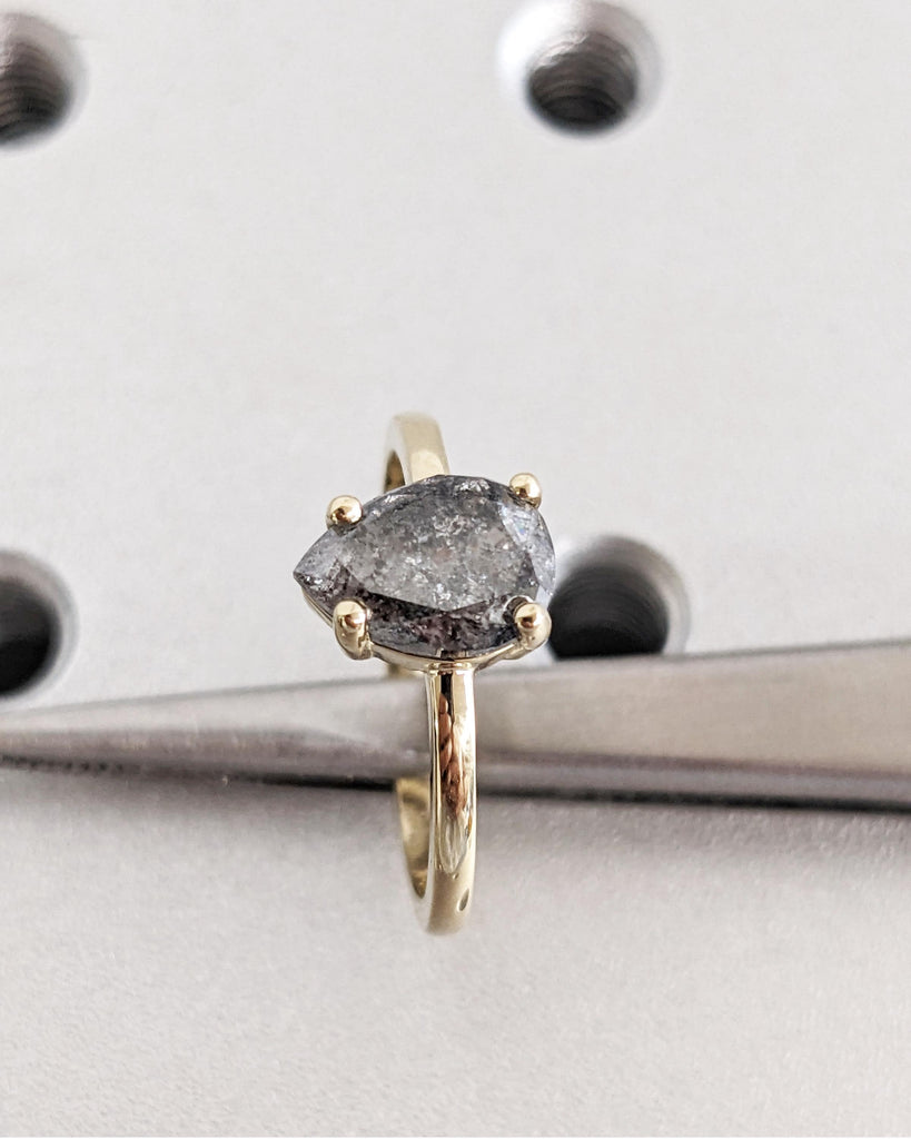 1920's Raw Salt and Pepper Diamond Rose Cut Pear Diamond Ring | Unique Engagement Ring | Galaxy Black Gray Pear 14k Yellow, Rose, White Gold