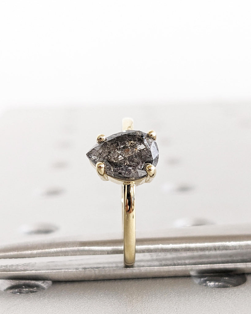 1920's Raw Salt and Pepper Diamond Rose Cut Pear Diamond Ring | Unique Engagement Ring | Galaxy Black Gray Pear 14k Yellow, Rose, White Gold
