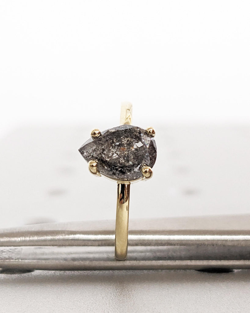 1920's Raw Salt and Pepper Diamond Rose Cut Pear Diamond Ring | Unique Engagement Ring | Galaxy Black Gray Pear 14k Yellow, Rose, White Gold