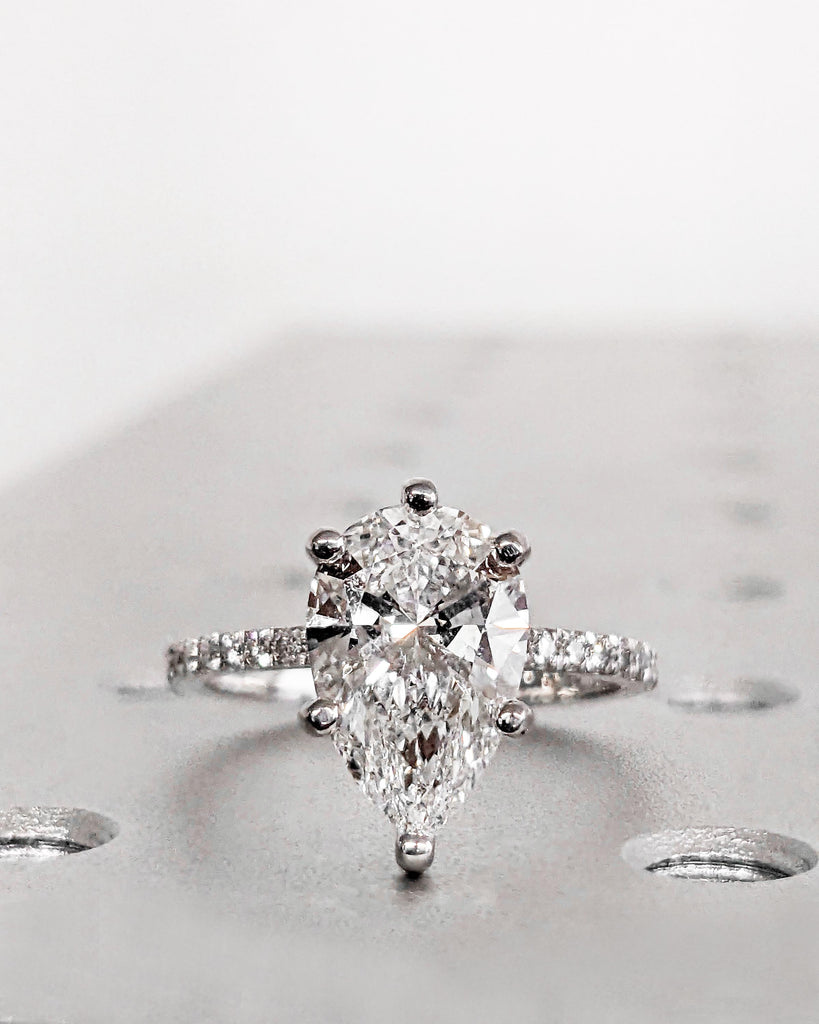 Hidden Halo Pear Cut Solitaire Engagement Ring | 1ct, 2ct, 3ct, 4ct Pear Cut Engagement Ring | Solid 14k Moissanite Engagement Ring for Her