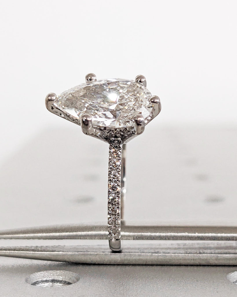 Hidden Halo Pear Cut Solitaire Engagement Ring | 1ct, 2ct, 3ct, 4ct Pear Cut Engagement Ring | Solid 14k Moissanite Engagement Ring for Her