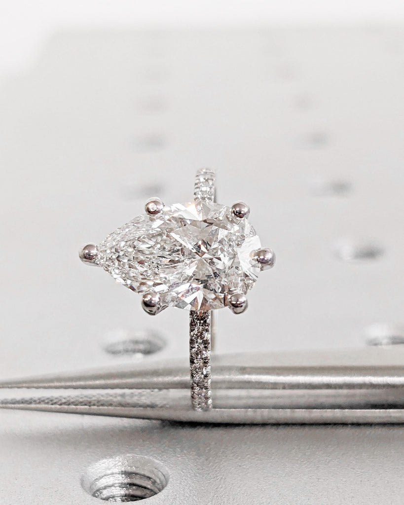 Hidden Halo Pear Cut Solitaire Engagement Ring | 1ct, 2ct, 3ct, 4ct Pear Cut Engagement Ring | Solid 14k Moissanite Engagement Ring for Her