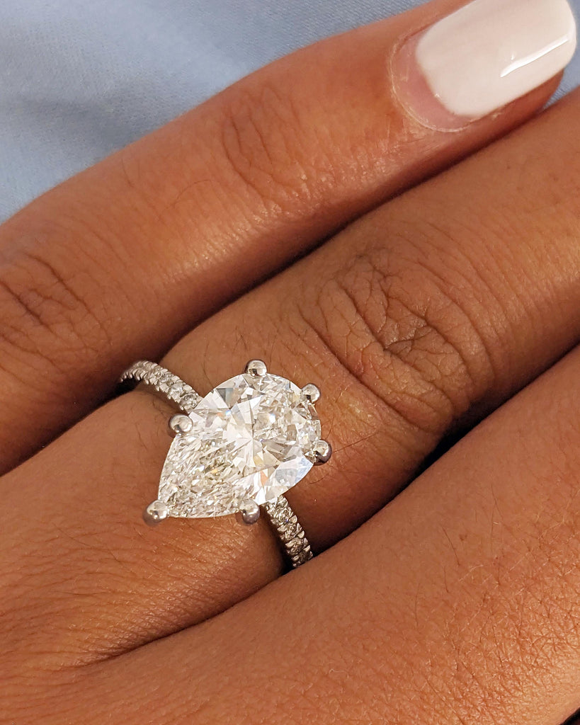 Hidden Halo Pear Cut Solitaire Engagement Ring | 1ct, 2ct, 3ct, 4ct Pear Cut Engagement Ring | Solid 14k Moissanite Engagement Ring for Her