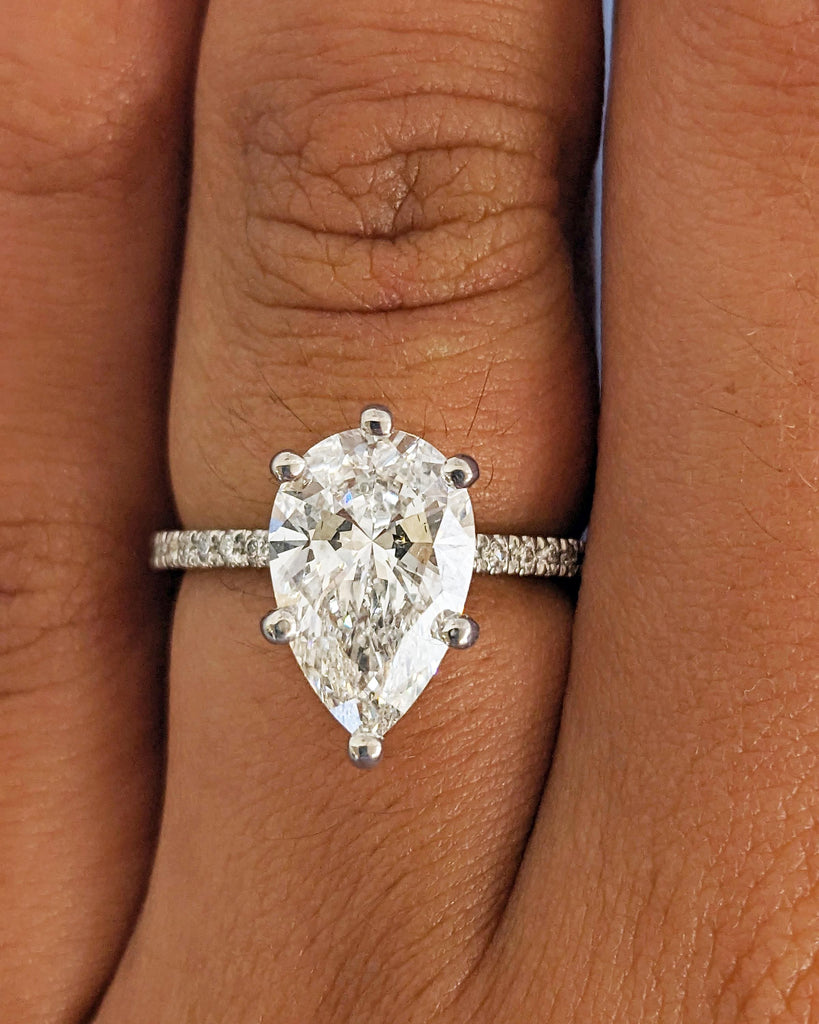 Hidden Halo Pear Cut Solitaire Engagement Ring | 1ct, 2ct, 3ct, 4ct Pear Cut Engagement Ring | Solid 14k Moissanite Engagement Ring for Her