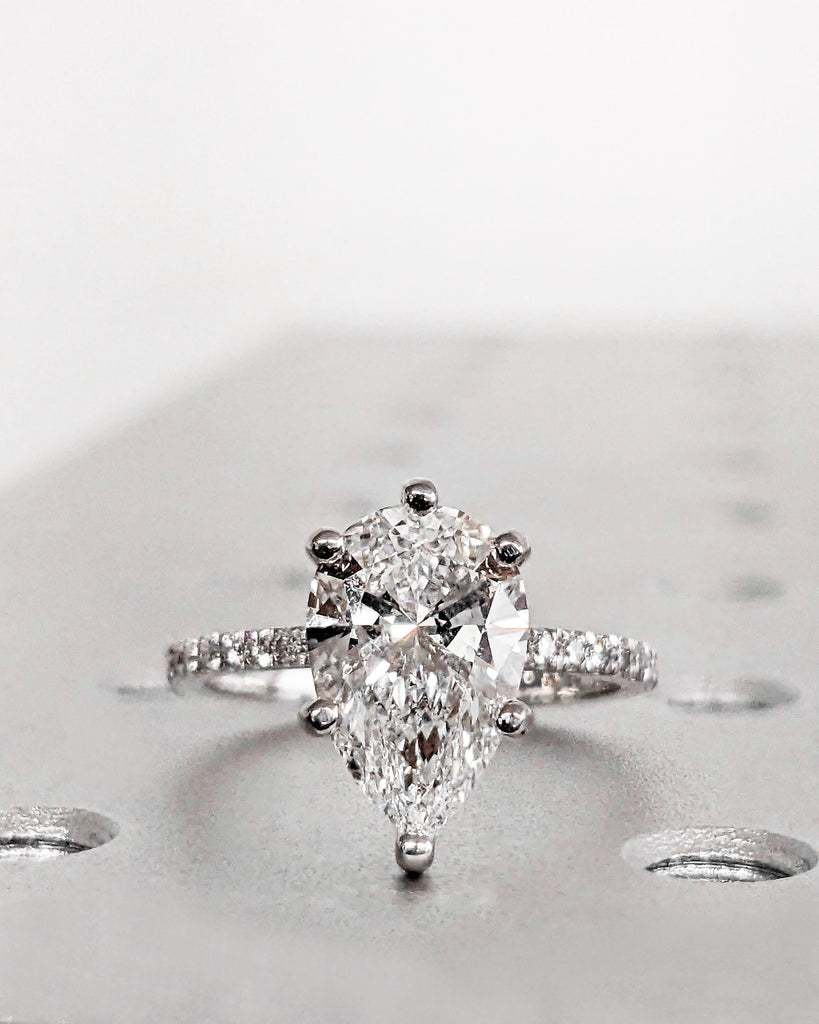 Pear Cut Moissanite Engagement Ring with Hidden Halo | 14K Moissanite Pear Cut Engagement Ring | Hidden Halo Ring | Anniversary Ring for Her