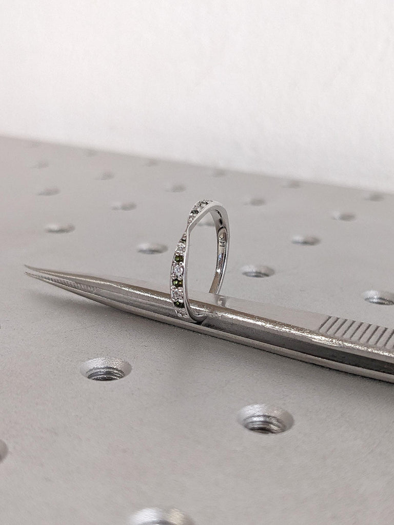 Olive Green Tourmaline Bow Tie Eternity Ring 14k White Gold | Pinched Wedding Anniversary Ring Gift For Her | Tiny Diamond Pave Wedding Band