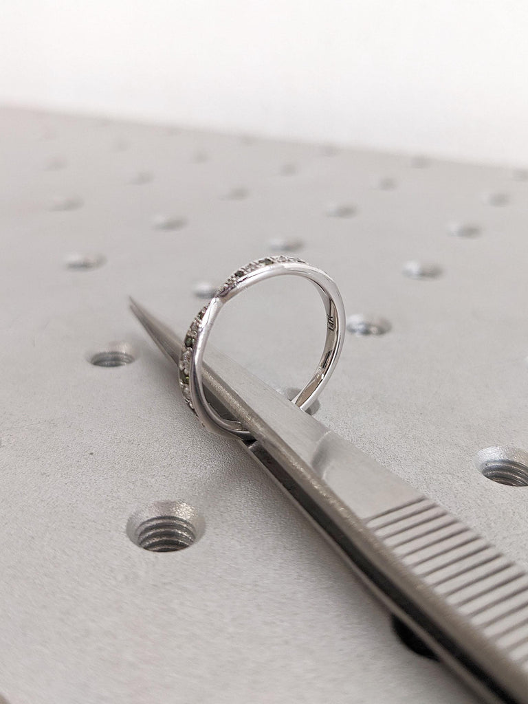 Olive Green Tourmaline Bow Tie Eternity Ring 14k White Gold | Pinched Wedding Anniversary Ring Gift For Her | Tiny Diamond Pave Wedding Band