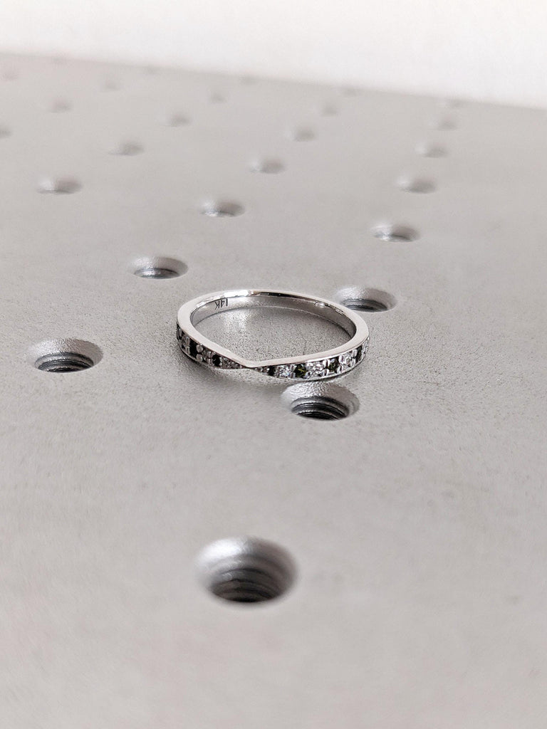 Solid 14K Gold Skinny Wedding Band | Minimalist Modern Art Deco Green Tourmaline and Diamond Band | Women Thin Wedding Ring | Stackable Ring
