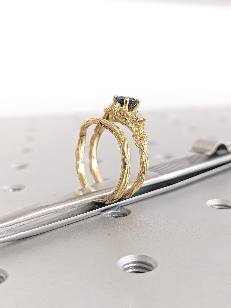 Art Deco Montana Sapphire Engagement Ring, Dainty 18k Gold Ring Set, Diamond, Teal Sapphire Ring, Stackable Ring, September Birthstone Ring